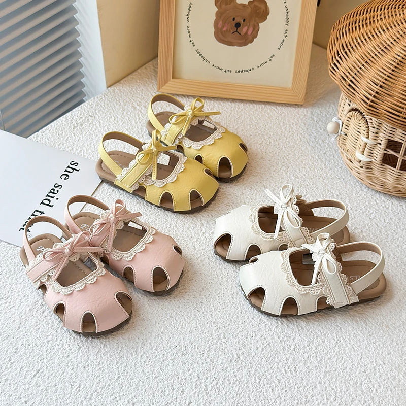 21-30女童蕾丝蝴蝶结包头凉鞋夏季镂空软底小女孩森系公主鞋x19