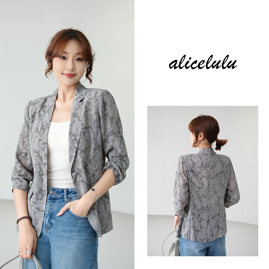 [alicelulu]复古提花高级感西装外套七分袖抽褶上衣 S2142453T