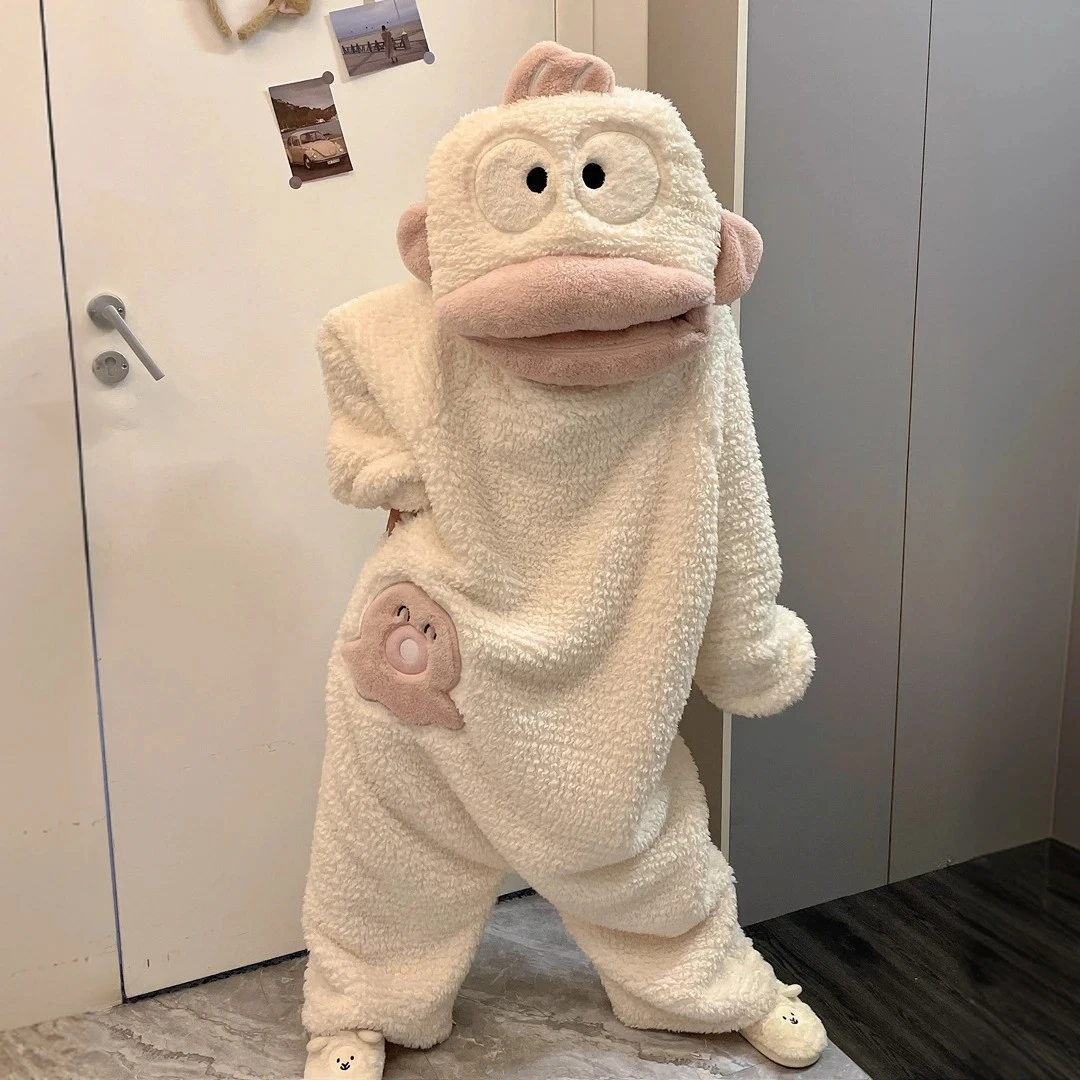 白色丑鱼汉顿睡袍女秋冬季珊瑚绒连体睡衣加厚大码卡通搞怪家居服