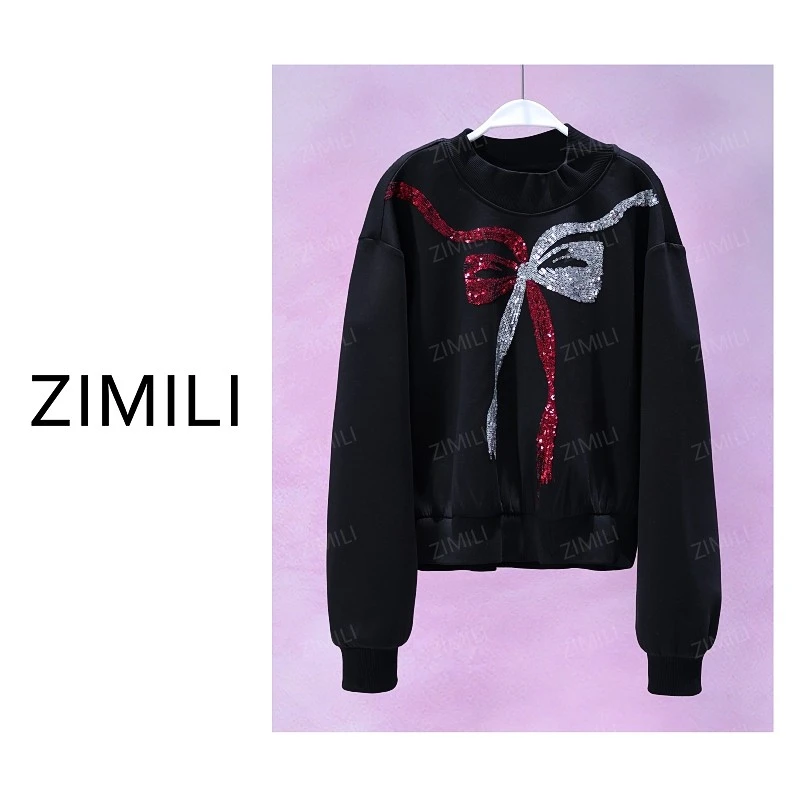 【亮哥欧货女装】2025冬季加厚《端庄》午夜黑珠片绣圆领卫衣6017-K2