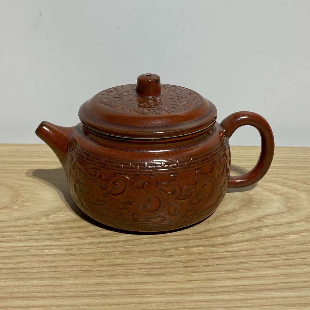 活力棕红色双龙戏珠汉瓦壶