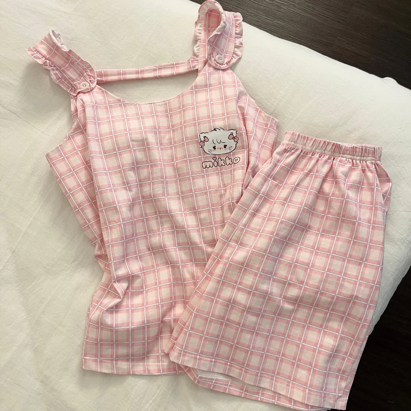 2025年粉色甜美格子小猫睡衣女夏款公主风背心短裤家居服套装女生