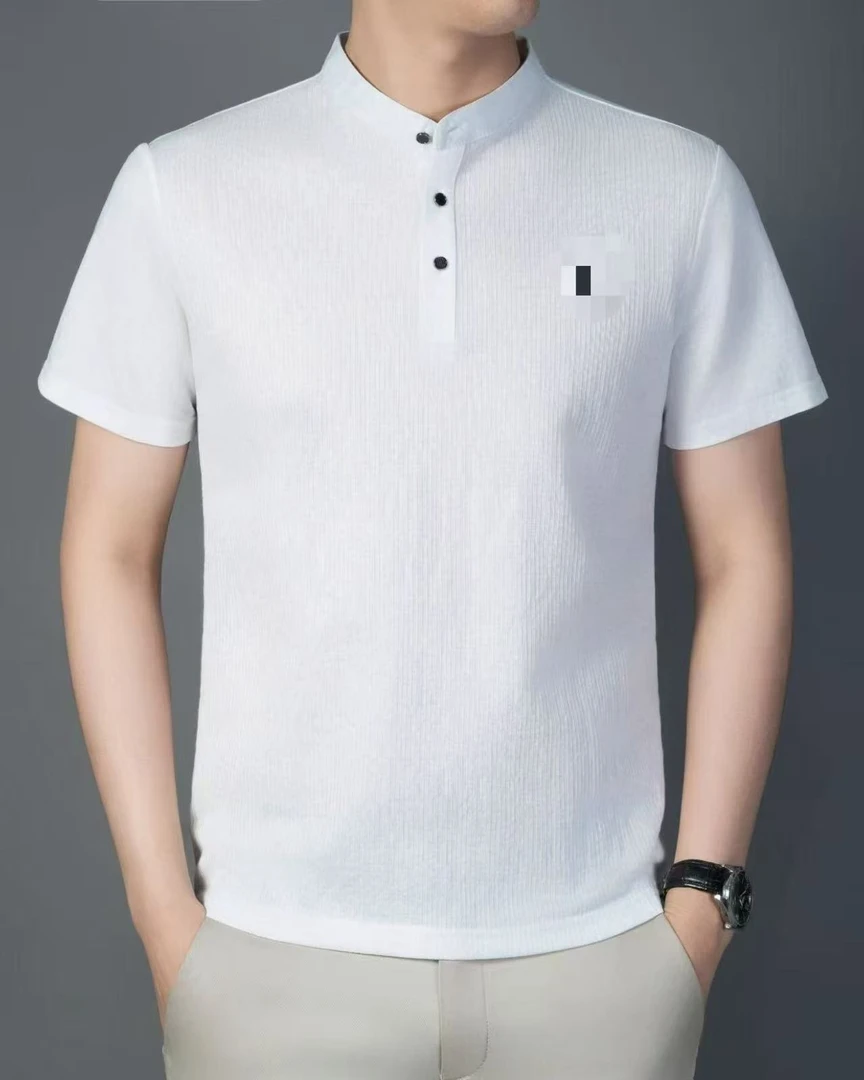 短袖男士夏季亚麻时尚男装透气休闲商务刺绣短袖T恤立领