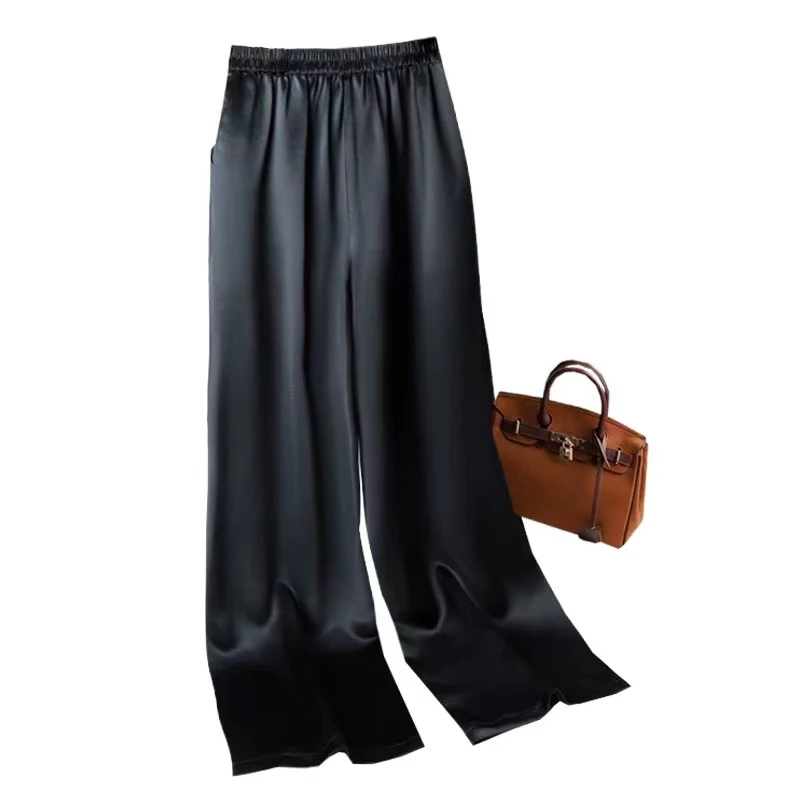 夏季时尚百搭高腰显瘦气质直筒宽松垂感醋酸长裤薄款阔腿裤黑色