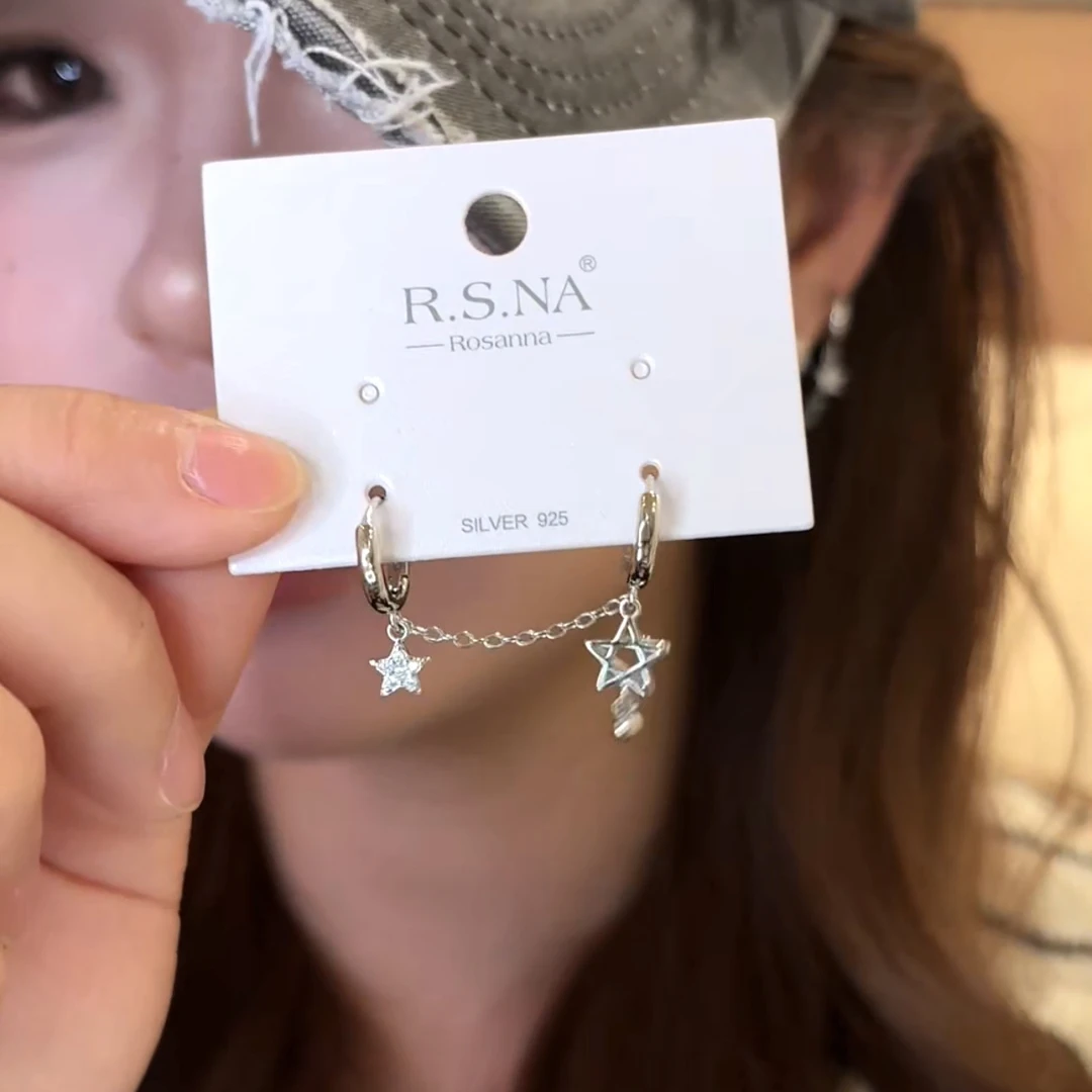 铜合金耳饰 小众设计星星链条一体链双耳洞耳扣耳环闪钻耳饰女