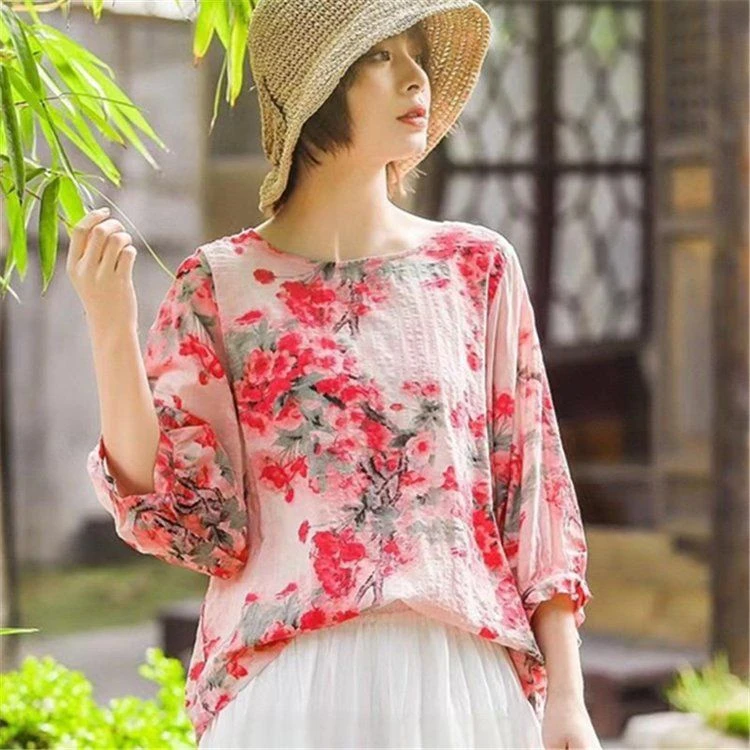 春夏季新款薄款宽松版休闲棉麻文艺复古印花圆领T恤上衣小衫女