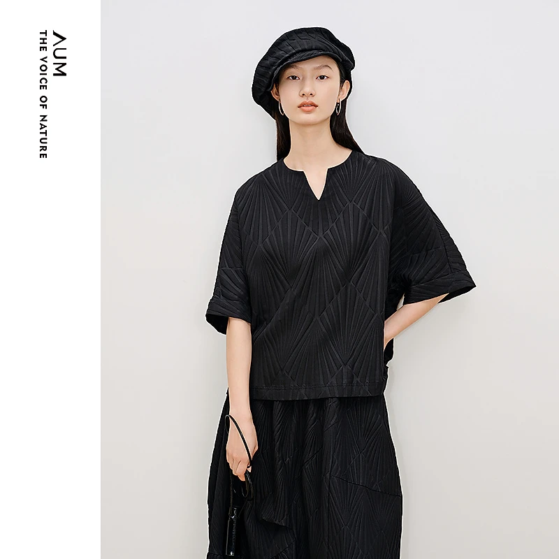 【山止川行】AUM秋季新款闲适雅致暗纹黑色上衣M1EG30601/M1EG33361