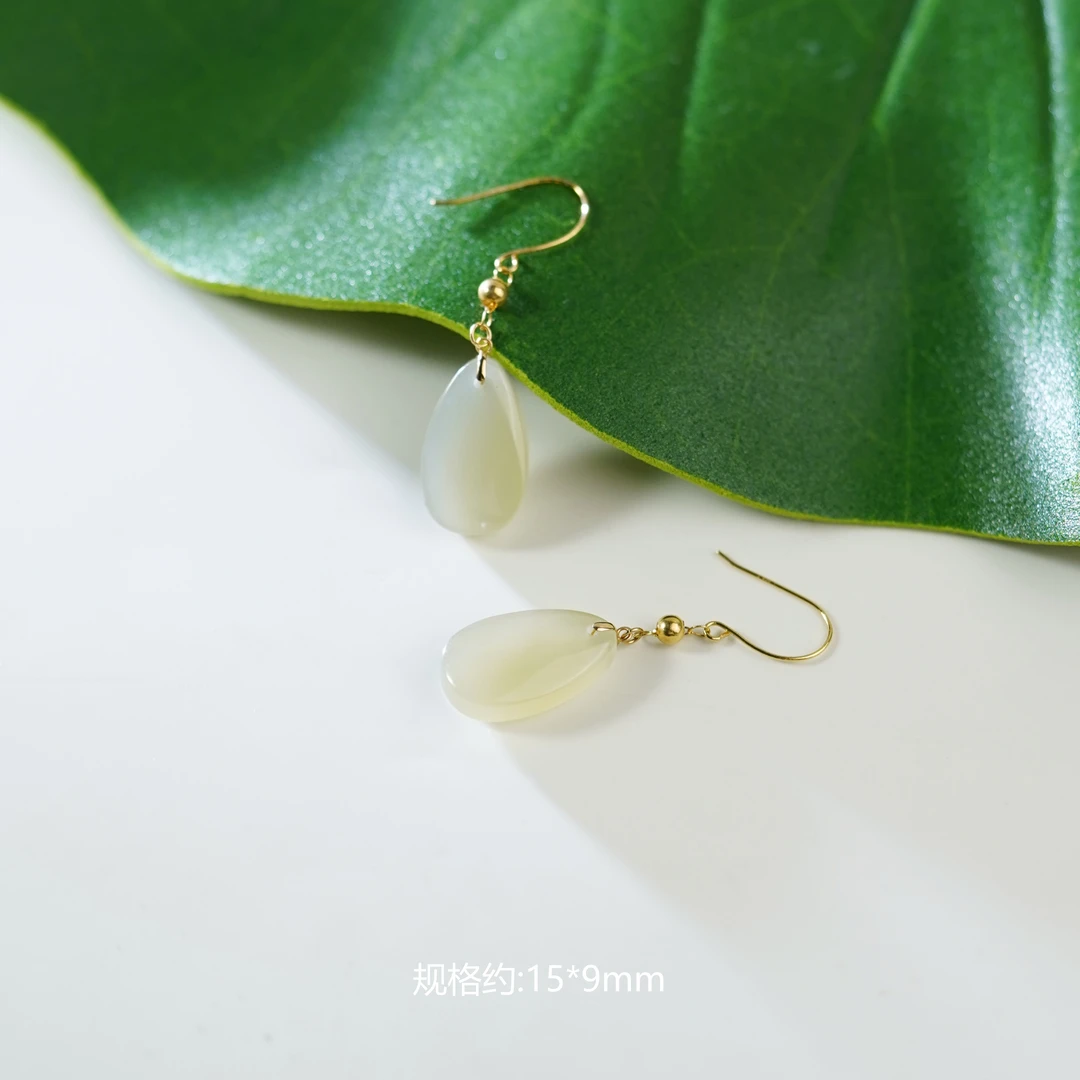 【品质珠宝】18K金镶和田玉晴水水滴耳坠天然时尚