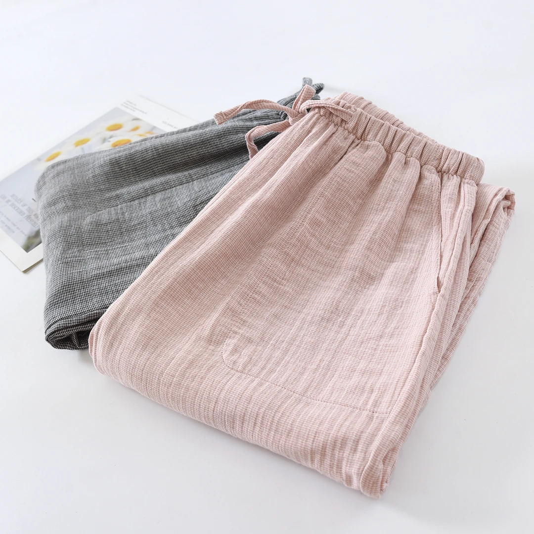 日系全棉睡裤女春秋薄款纯棉纱布长裤色织小格子宽松家居裤可外穿