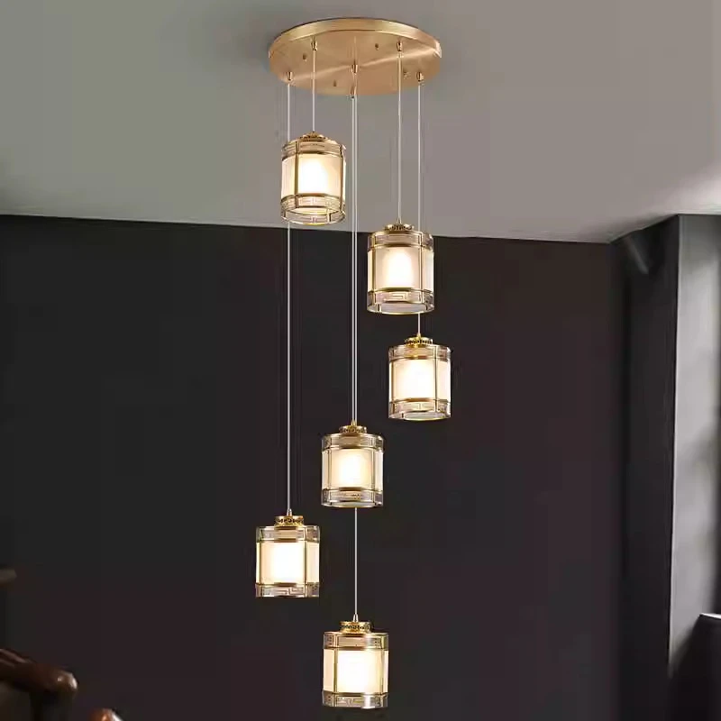 新中式全铜圆形复式楼别墅长条吊灯旋转楼梯灯挑空中国风灯具