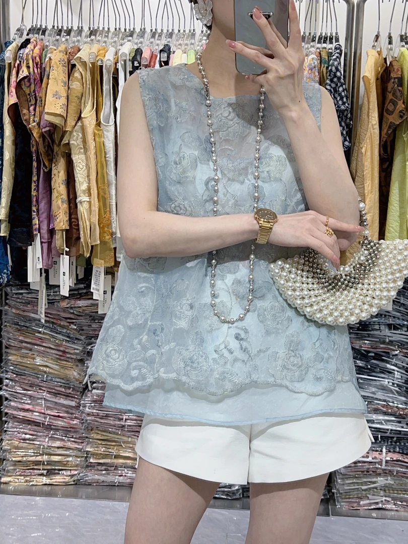 【钰姐精选】艾嫚28782-刺绣玫瑰花中国风上衣无袖气质复古提花