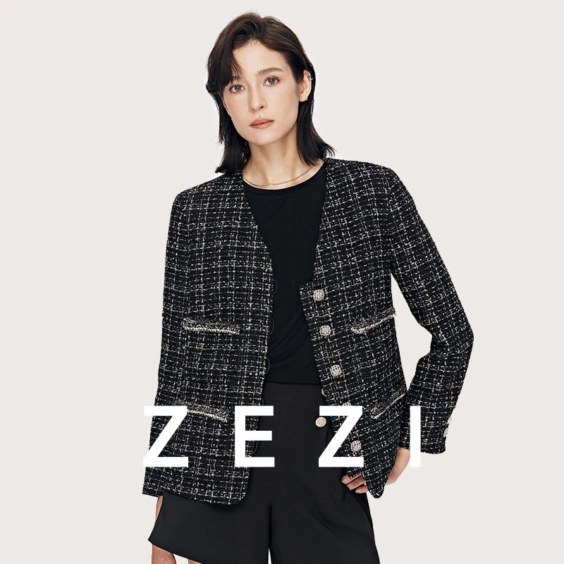 ZEZI【北鱼专属】精致高定【V字小香】重磅粗花呢小香短外套Z13B376J