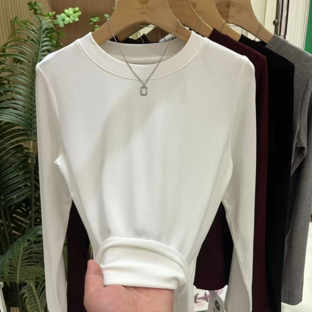 紫皇冠1616秋冬百搭经典圆领小香风时尚大码气质打底衫t恤白色