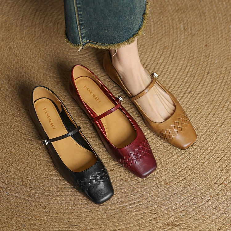 1.5cm~法式复古真皮粗跟编织玛丽珍鞋女一字扣带低跟方头浅口单鞋