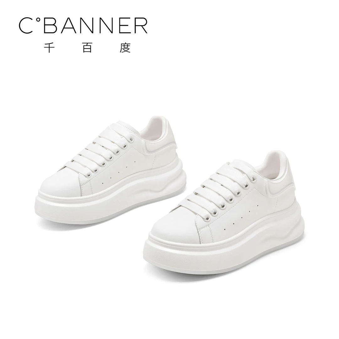 C.BANNER/千百度新款百搭时尚休闲鞋欧若智性风圆头小白鞋休闲鞋
