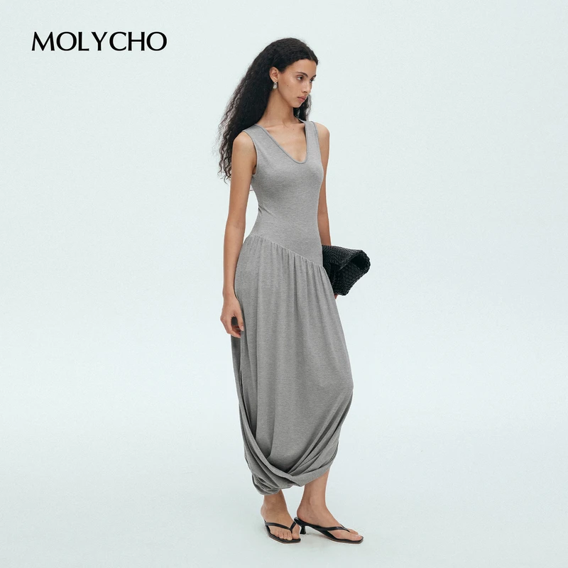 MOLYCHO  |  设计师自留款/无袖V领连衣裙女 抽褶兜开叉花苞裙子