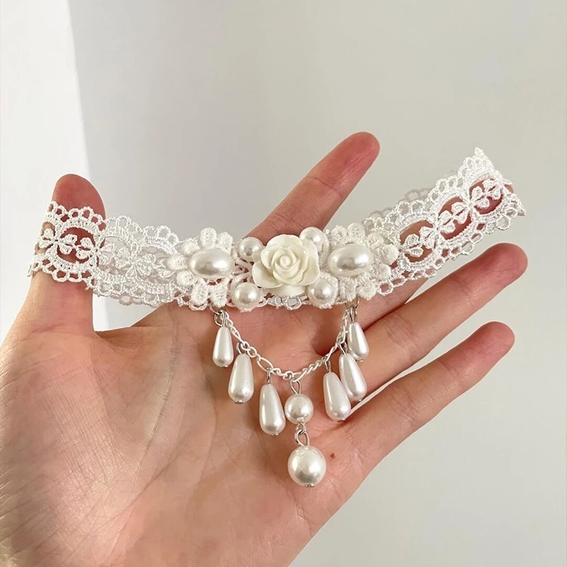 非金属布艺项链 法式白色蕾丝珠珠项链甜美气质高级感百搭锁骨链