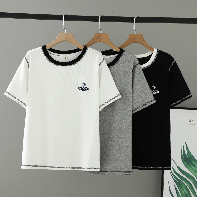 2025女装新款夏装胖妹妹别致大码短袖女T恤撞色圆领休闲刺绣上衣