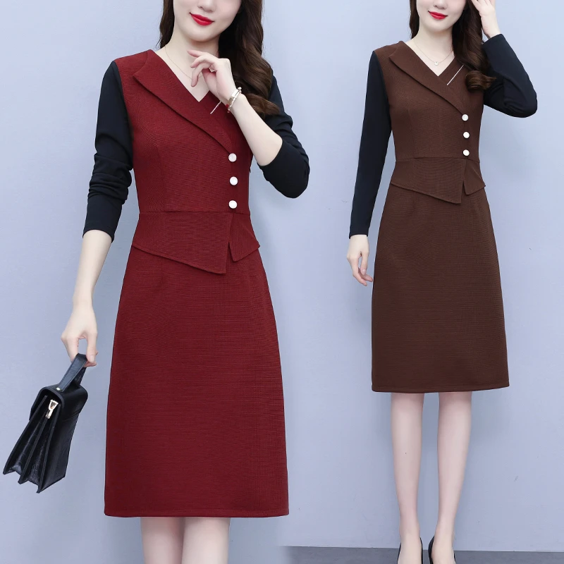 大码女装秋冬针织拼接V领修身简约洋气包臀长袖连衣裙女FA#6859