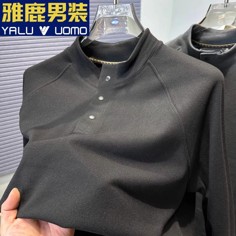 雅鹿男装亨利领双面绒打底衫男秋冬男士休闲纯色百搭长袖t恤内搭