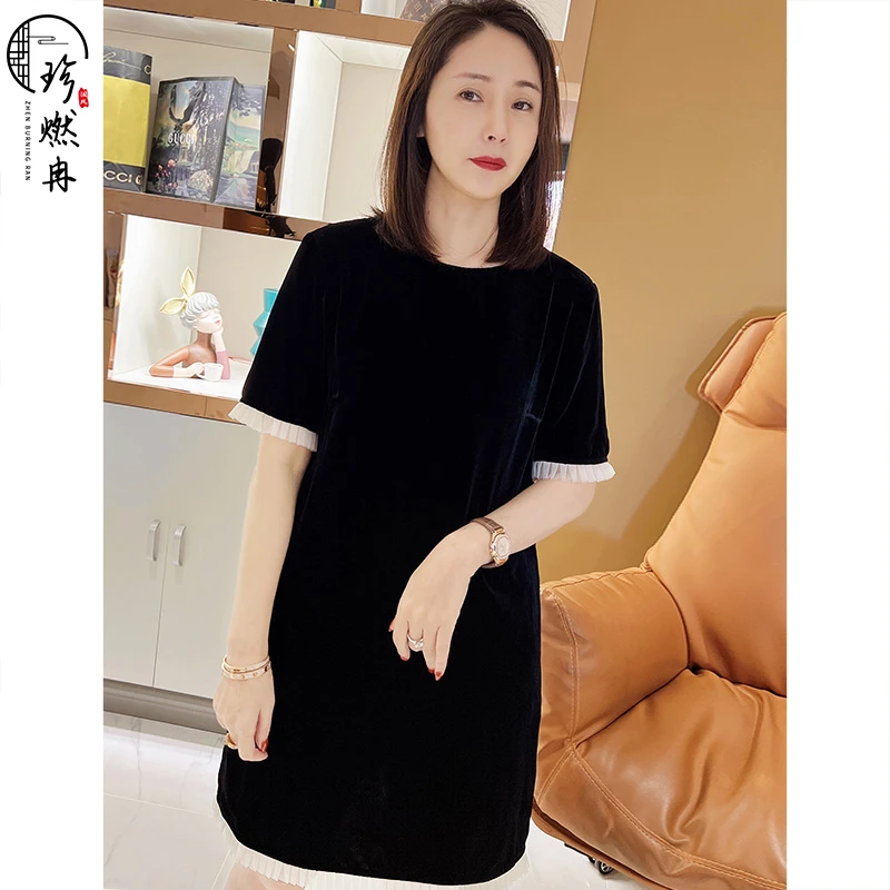【珍珍优品】蚕丝丝绒纯色荷叶边女神裙夏季显瘦中式连衣裙67479