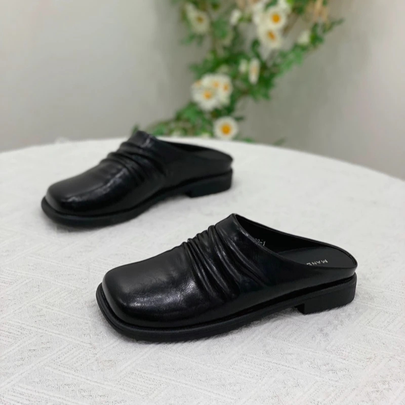 小众褶皱包头半拖鞋女2025夏季新款网红配裙子时尚厚底休闲懒人拖