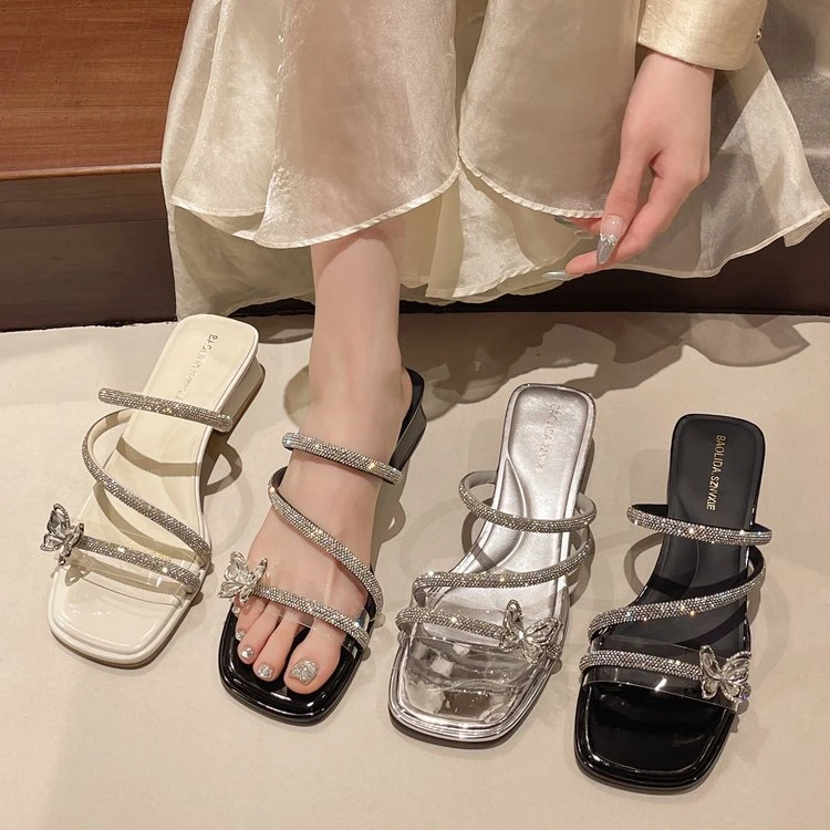 【时光清货】法式蝴蝶水钻好运连连拖鞋女夏气质透明粗跟凉拖鞋外穿