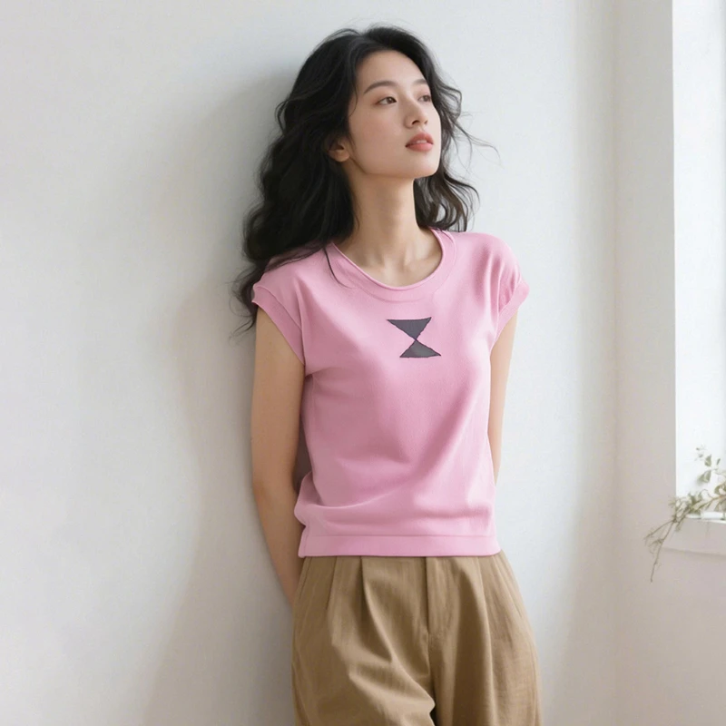 晚白【新品】2025夏多巴胺上衣弹力圆领针织衫女25030439