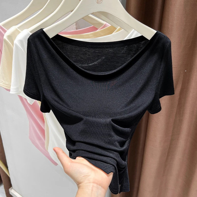 一字肩荡领设计短袖t恤薄款不规则褶皱收腰上衣软糯莫代尔打底衫
