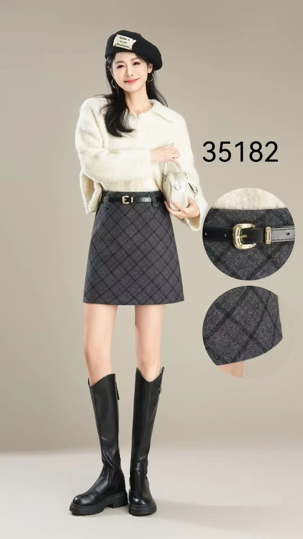 送腰带 韩版菱格 毛呢高腰裙-35182