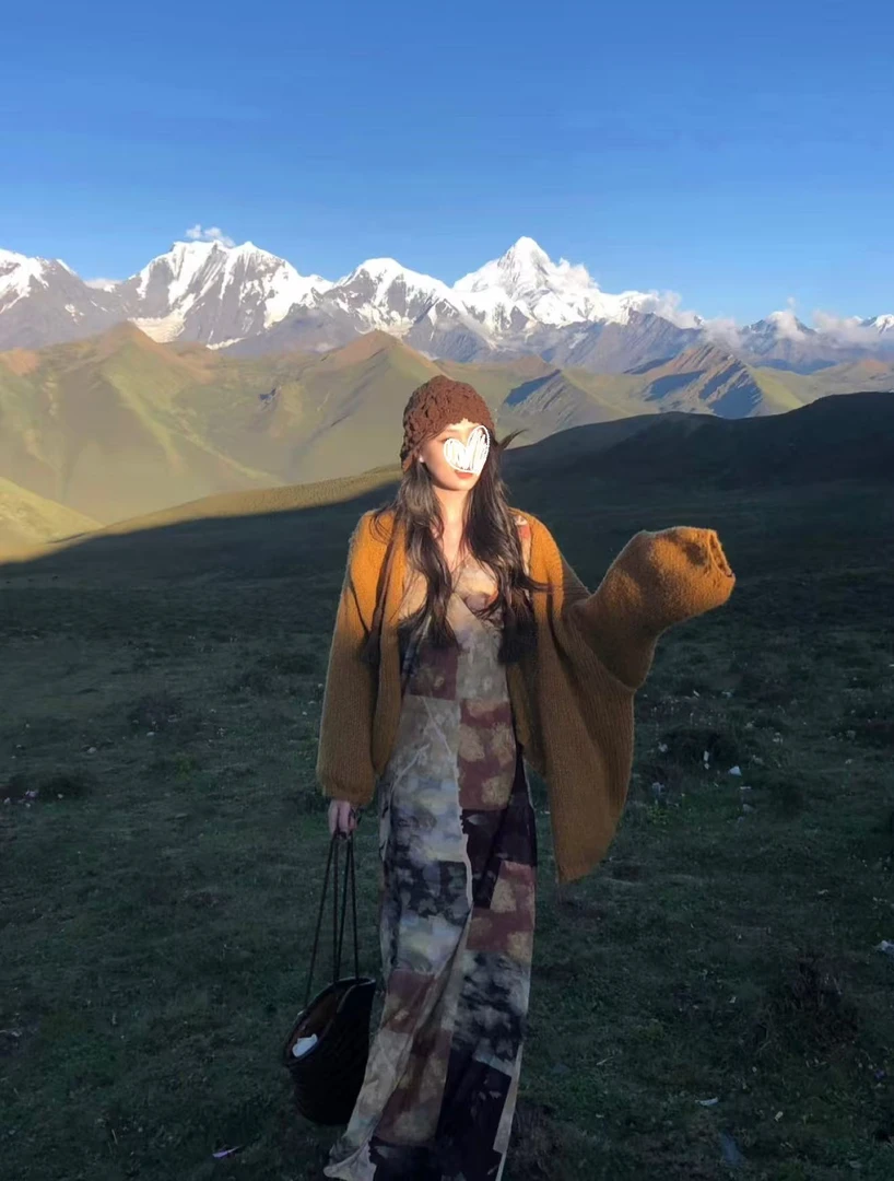 【碎布拼秋】复古晕染油画古着感长裙气质修身连衣裙毛开衫套装Q307