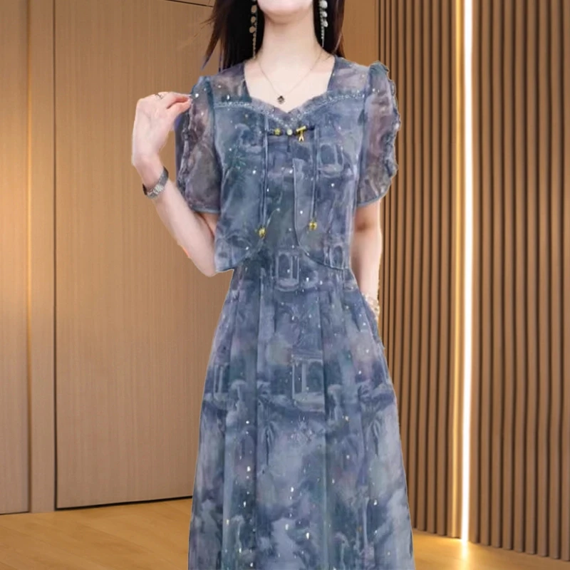 时尚减龄品牌纱料洋气质连衣裙女2025新款夏季轻奢假两件爆款裙子