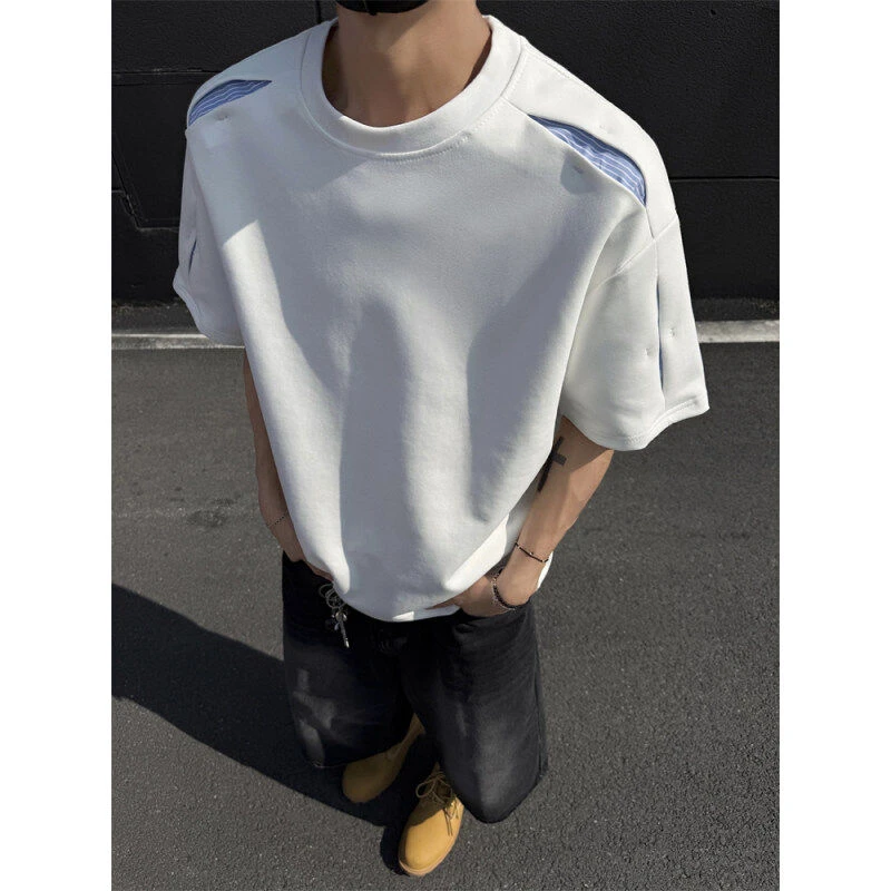 美式设计感拼接撞色短袖男款夏季cleanfit短袖高级感痞帅正肩半袖