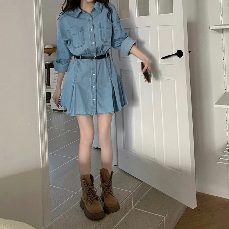 简约气质百搭牛仔连衣裙小个子短款连衣裙单排扣裙子Z1503525