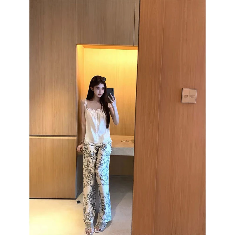 【波丽露小白花】高级感法式蕾丝拼接花边无袖背心上衣印花长裤套装