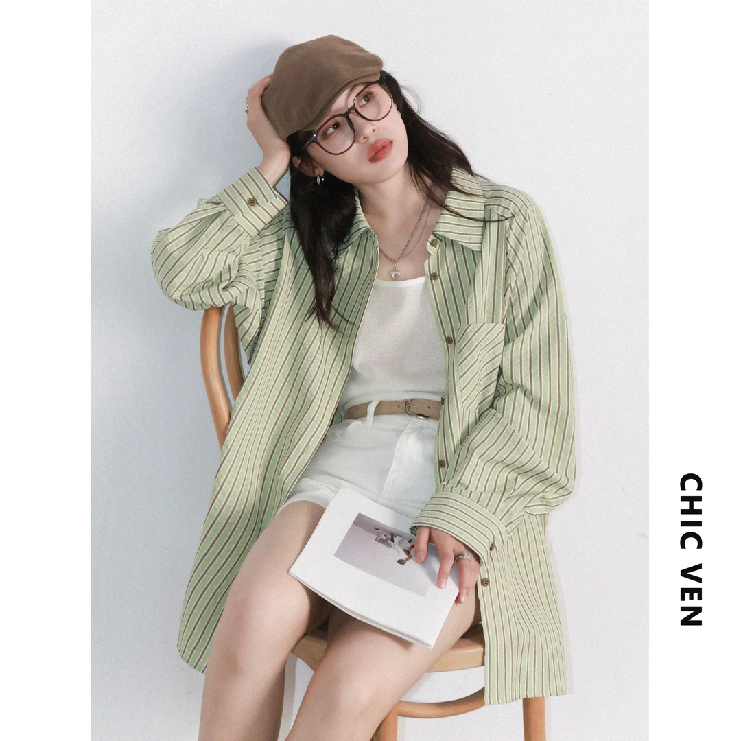 航海系穿搭撞色竖条纹插肩袖衬衫宽松衬衣125XS00177