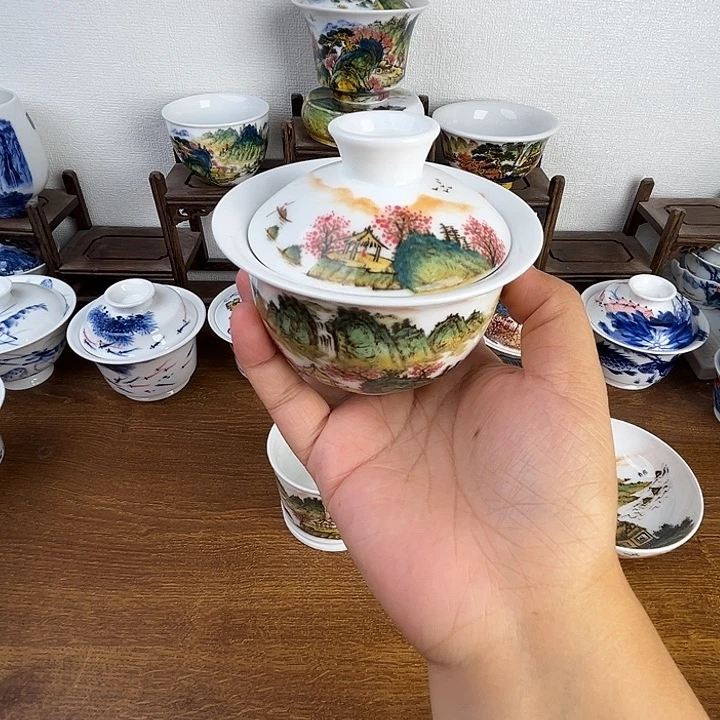 忠意堂釉下彩五彩山水盖碗微瑕不退