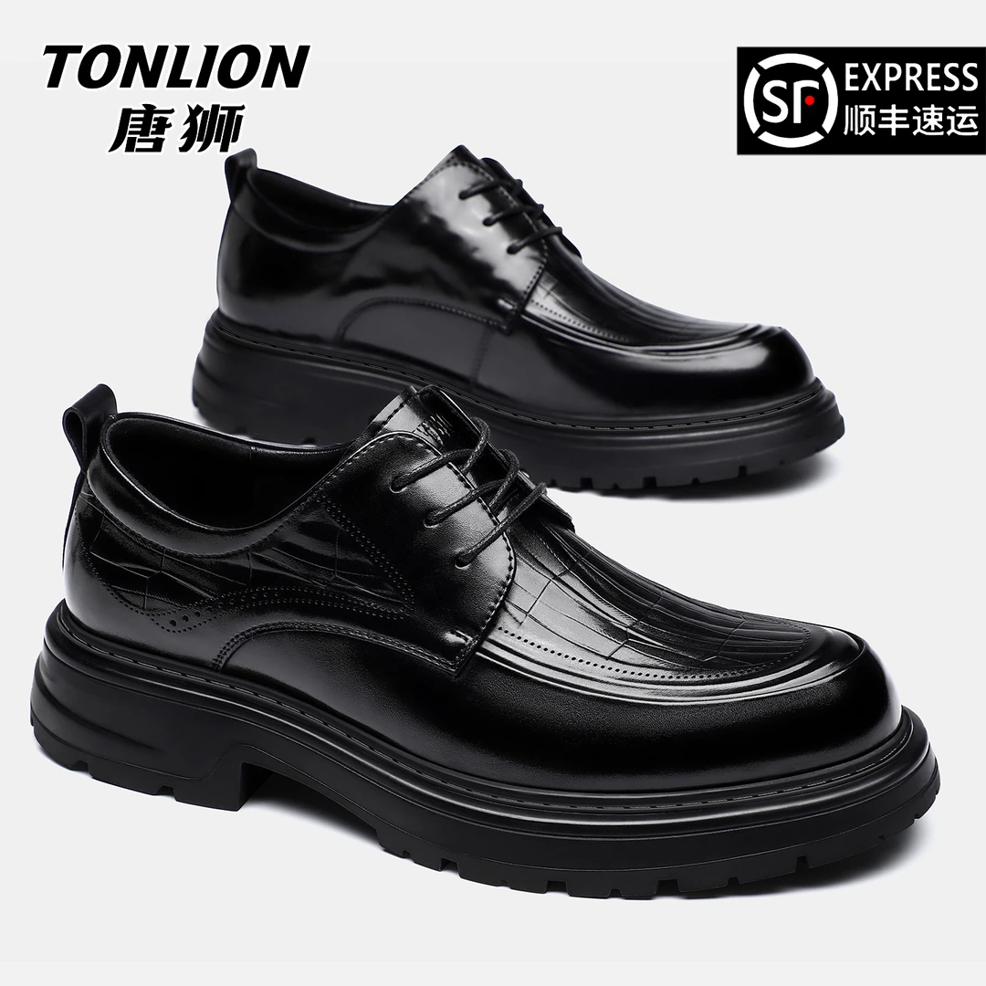 唐狮男鞋2025新款冬季加绒商务正装英伦风厚底德比皮鞋结婚鞋8123