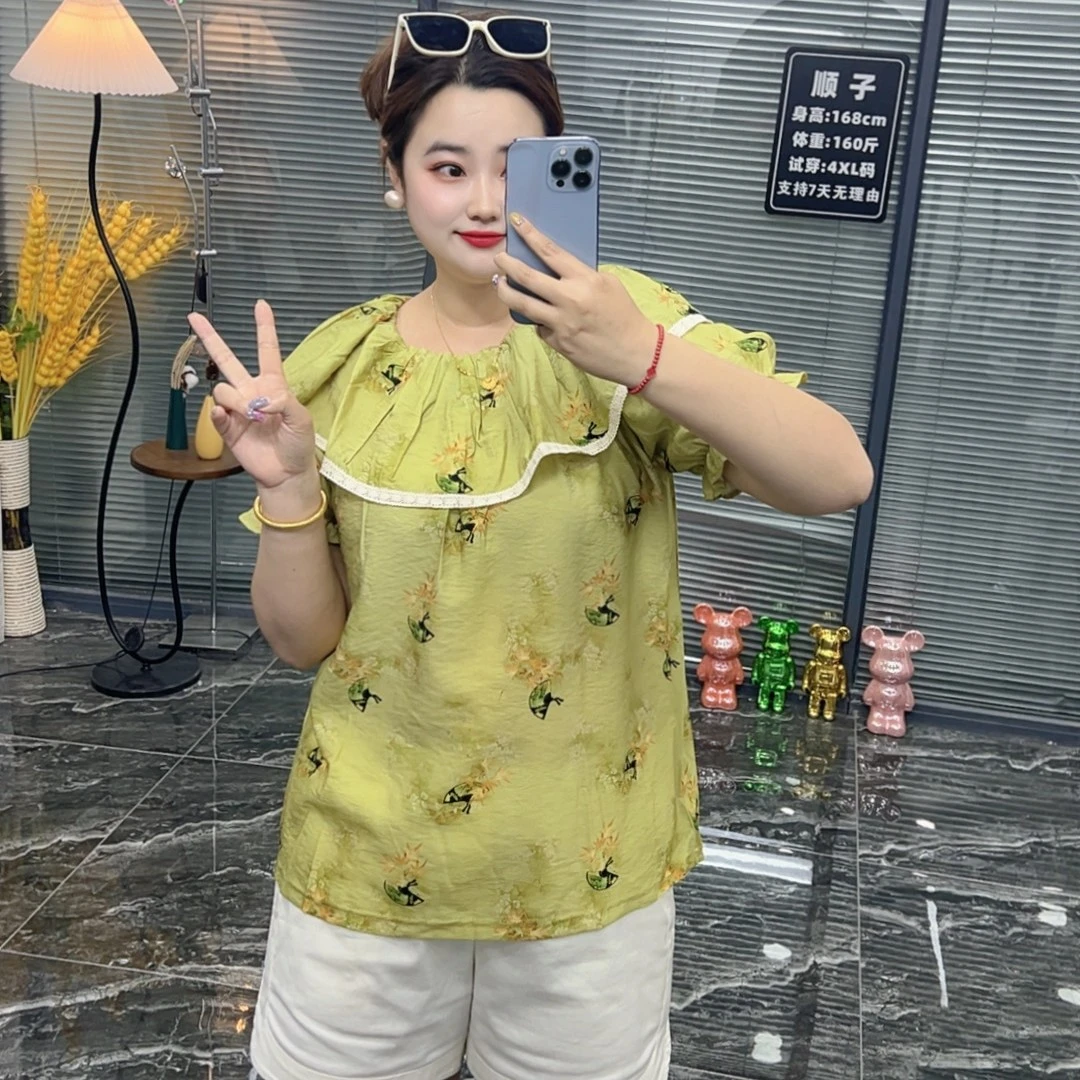 时尚国风小糖人衬衫女2025夏季新款洋气显瘦复古荡领荷叶边上7971