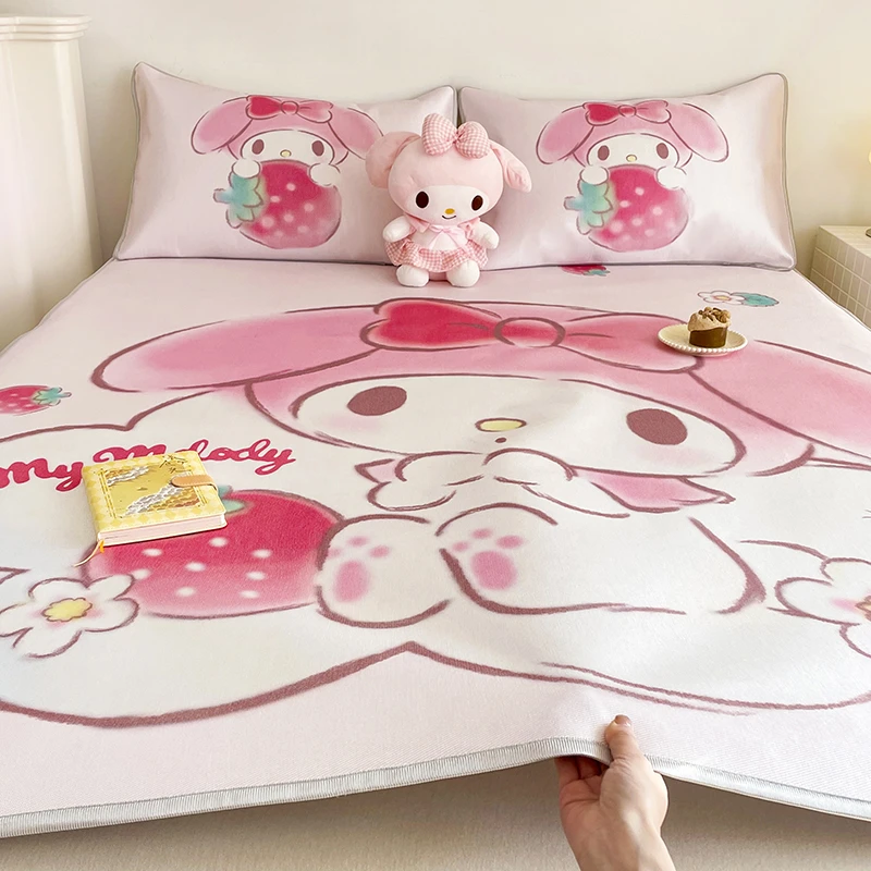 夏季卡通库洛米冰丝席三件套儿童宿舍床单人空调软凉席垫可机水洗