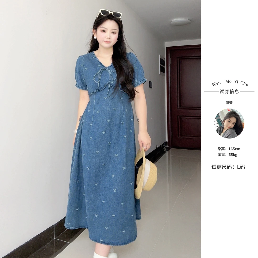 【温茉】夏季新款定制法式少女感气质刺绣蝴蝶结印花牛仔裙222107
