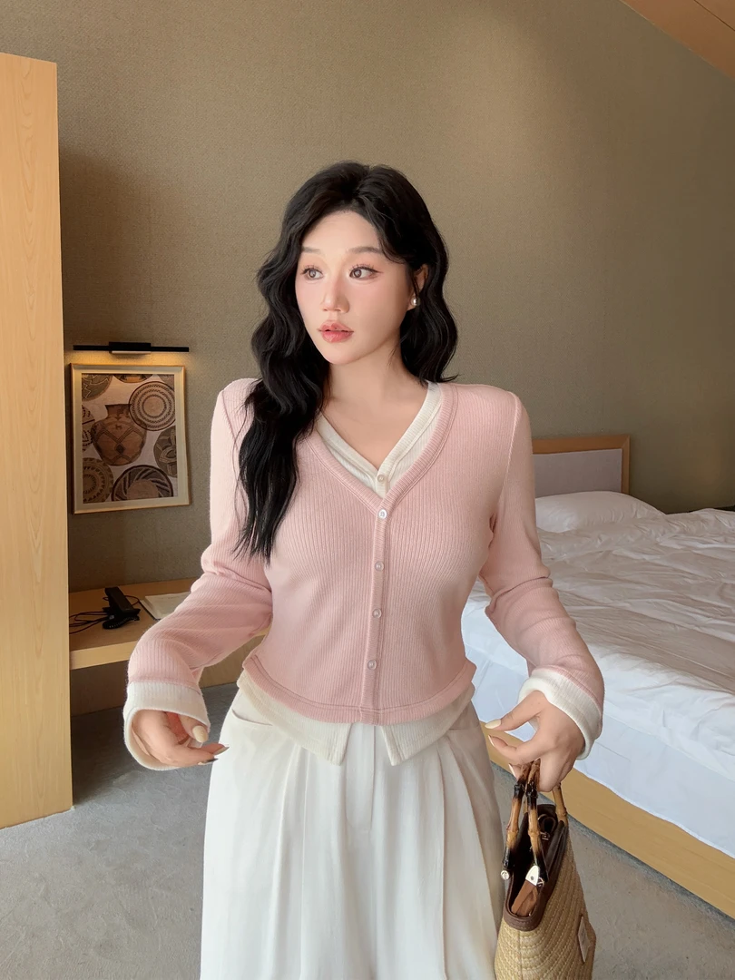 月半鱼【织语】假两件v领针织开衫女春夏季新款设计感内搭打底上衣