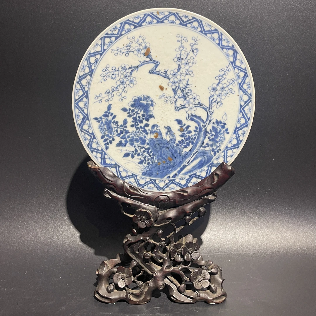 C-A0905033  清中期 青花花鸟纹瓷板插屏     瓷板直径25.9