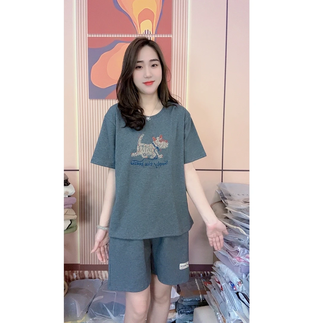 睡衣女夏季新款纯棉短袖短裤线条卡通可爱家居服套装（潮牌小狗）