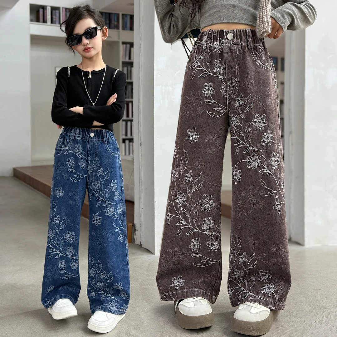 女童裤子春秋2025新款潮流提花直筒牛仔裤女大童装时髦休闲阔腿裤