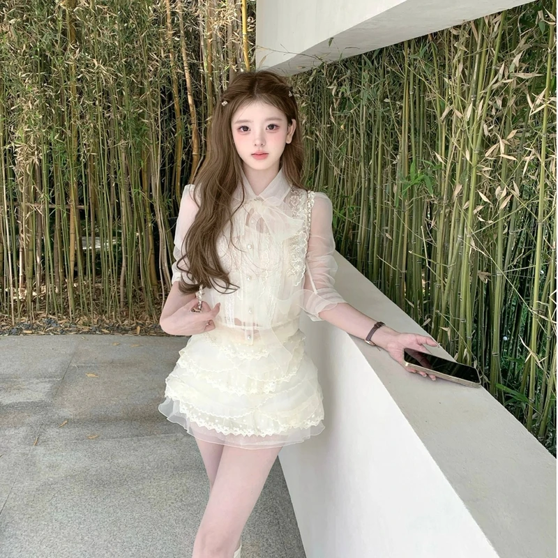 【ssmoonlight捕梦网】蚂蚁边蝴蝶结钉珠衬衫配刺绣蕾丝千层短裙女