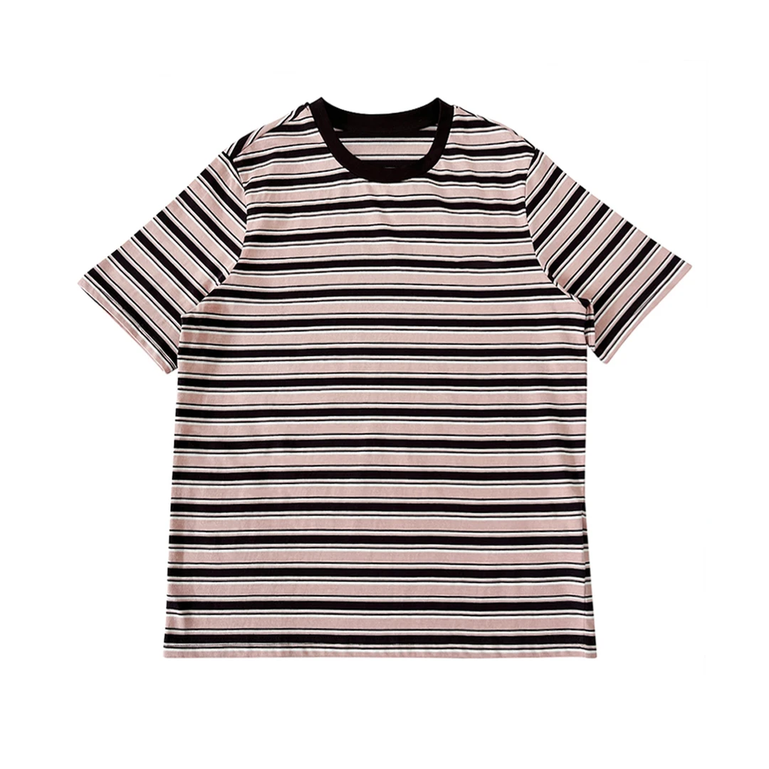 拉达粉棕撞色条纹圆领短袖T恤181