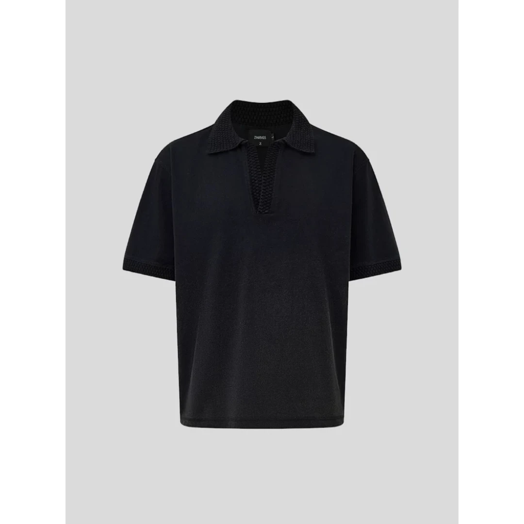 ZHANGS 水洗V领毛织拼接polo领短袖
