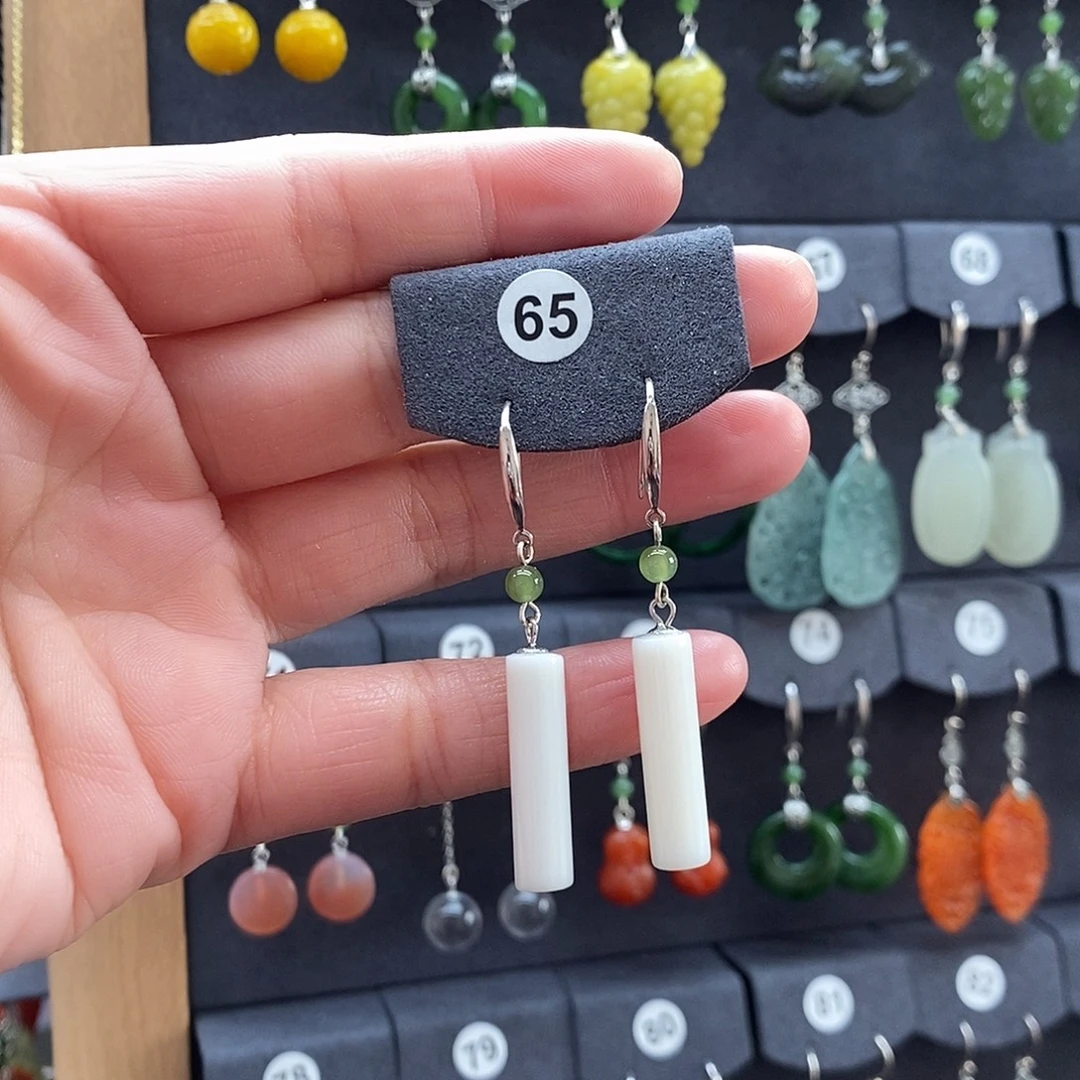 初***麻和田玉银S925镶嵌耳饰