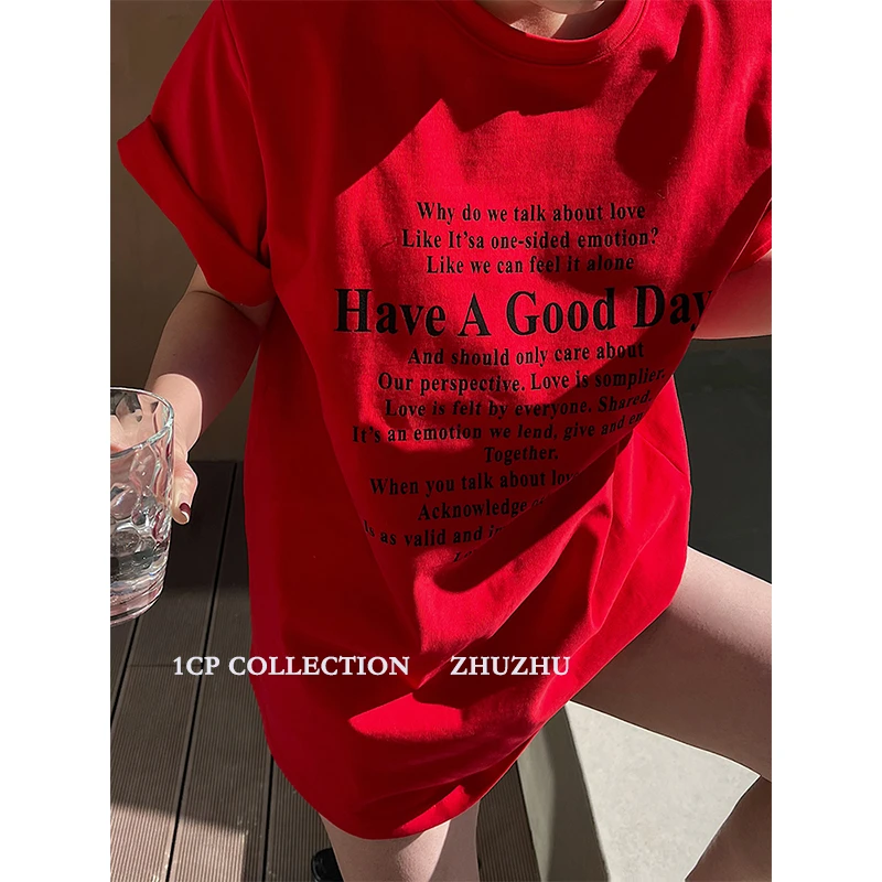 1CP 红色字母印花垫肩T恤女2025夏季新款黑色百搭宽松短袖白上衣